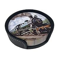 Steam Locomotive Train Print Coasters for Drinks 6 Pcs Leather Coasters with Holder Waterproof Coaster Sets Drink Coasters Mugs Mat Heat Resistant Cup Pad for Living Room Kitchen Bar 3.9 Inch