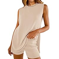 NENONA Women's Summer Sleeveless Sweater Sets Casual Knit Tunic Tops and Shorts 2 Piece Outfits
