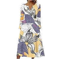 Womens Casual Plus Size Floral Round Neck Long Sleeve Relaxed Fit Dress Fall Outdoor Beach Maxi Dresses