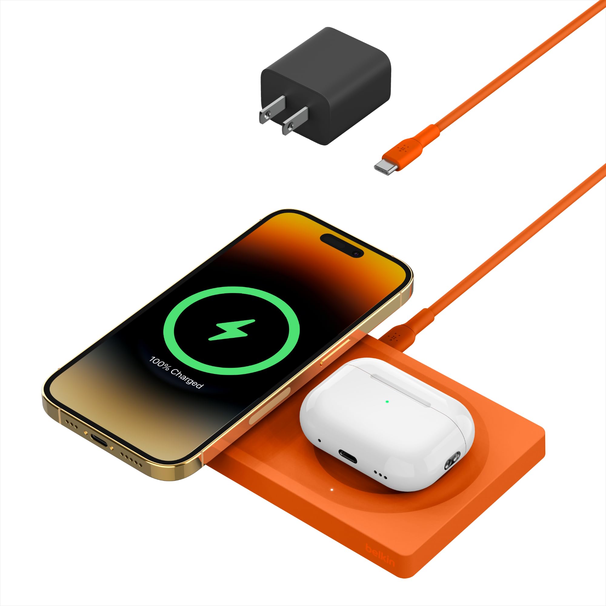 Belkin BoostCharge Pro 2-in-1 Wireless Charging Pad with MagSafe 15W, Fast Charging iPhone Charger Compatible with iPhone 15, 14, 13, and 12 Series, AirPods, and Other MagSafe Enabled Devices - Orange