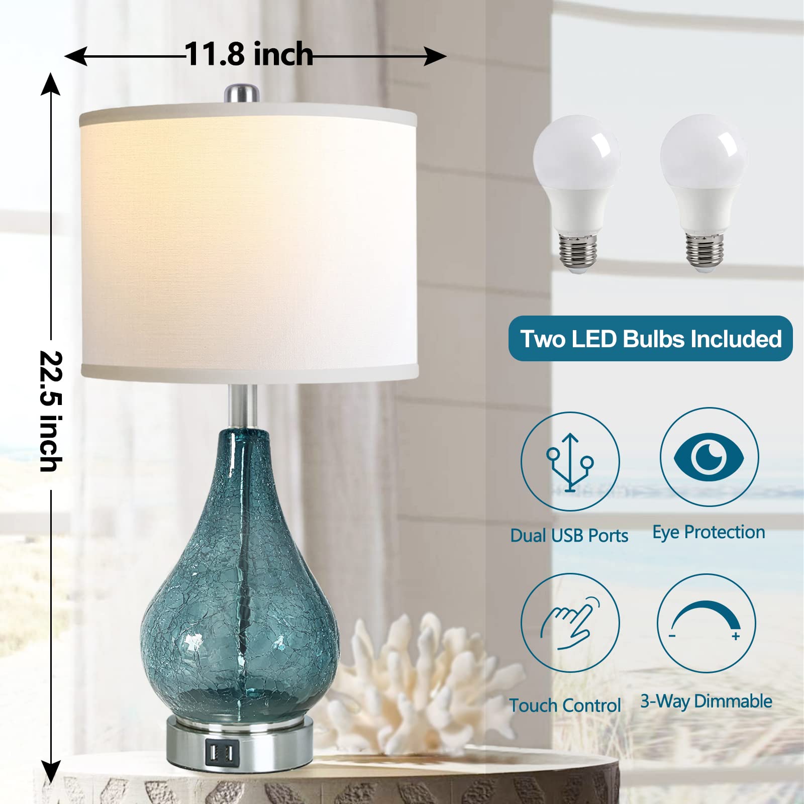 QiMH Glass Table Lamp for Living Room Bedroom Set of 2, 22.5