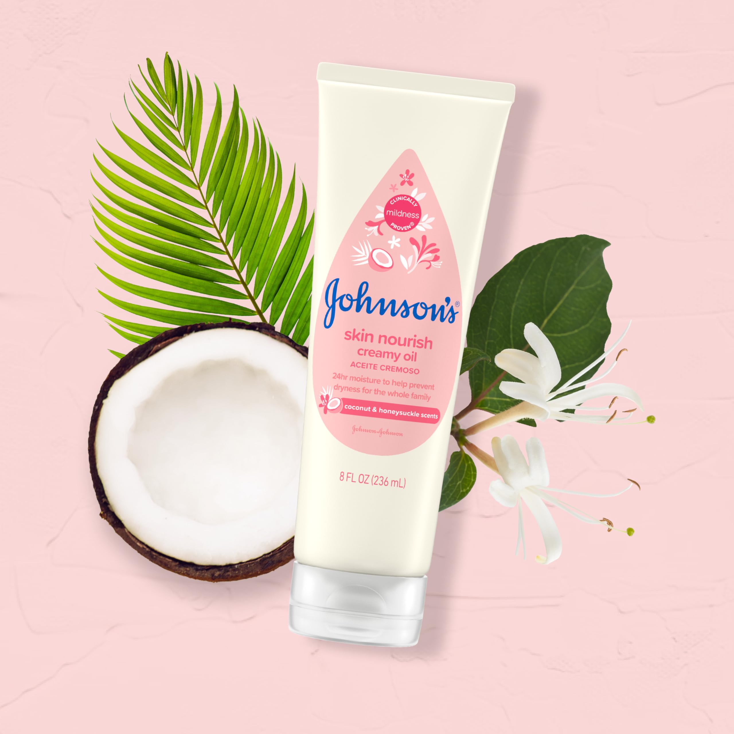 Johnson's Skin Nourish Creamy Baby Oil for Dry Skin with Coconut & Honeysuckle Scent, Rich & Creamy Baby Body Oil Moisturizes for 24 Hours & Helps Prevent Dryness, Hypoallergenic, 8 fl. Oz