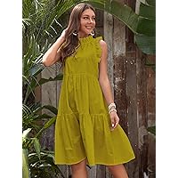 Dresses for Women Women's Dress Solid Ruffle Trim Smock Dress Dresses (Color : Olive Green, Size : Medium)