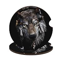 Native American Wolf Funny Car Coasters for Cup Holders Absorbent Set with Finger Notch for Coffee Drinks Water 2PCS