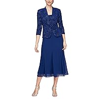 Alex Evenings Women's Jacket Dress, Perfect for Weddings, Formal Events (Petite and Regular Sizes), Electric Blue Tea Length, 8P