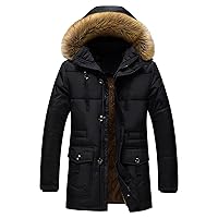 Winter Military Thicken Long Coat for Men Hooded Fleece Lined Warm Parka Outerwear Lightweight Thickened Down Outwear (Black,Large)