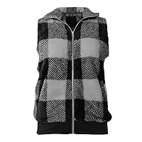 RMXEi Women's Casual Fashion Sleeveless Vest Stand Collar Zip Plaid Plush Vest
