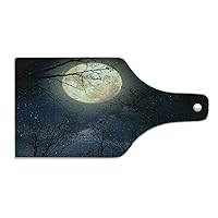 Lunarable Night Sky Cutting Board, Nocturnal Sky Milky Way Stars Twilight Moon Scenery with Branches, Tempered Glass Serving Board, Wine Bottle Shape, Medium Size, Dark Blue