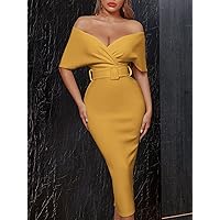 Women's Dress Surplice Neck Off Shoulder Backless Front Buckle Belted Cocktail Party Dress Dresses for Women (Color : Yellow, Size : Small)