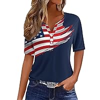 American Flag Patriotic Button Shirts Women 4Th of July Shirts Short Sleeve Stars Stripe V Neck Red and Blue Tops