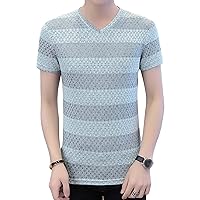 Men's Color Block Striped T-Shirts Abstract Grid Print Short Sleeve Hollow Out Sheer V Neck Knit Top