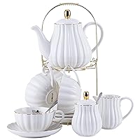 Jusalpha Porcelain Tea Set- 8 OZ White Coffee Cup/Teacup, Saucer, Spoons, Teapot and Creamer set, 17-Pieces (FD-TW17PC SET, White)