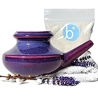 Neti Pot Tool Kit - Snoring & Saline Solution, Handcrafted Ceramic Dishwasher Safe with 2oz Mineral Sea Salt for Nose Cleaning & Sinus Rinse Perfect for Allergy Relief in Adults & Kids (Purple)