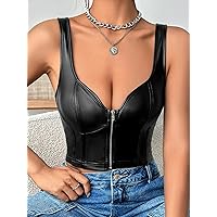 Women's Tops Shirts Sexy Tops for Women Zip Up PU Leather Tank Top Shirts for Women (Color : Black, Size : X-Small)