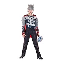 Boys Super Hero Costume Muscle Suit with Helmet Child Red Cloak Jumpsuit Outfit 3 Pcs Set Halloween （NO HAMMER）