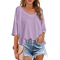 MEROKEETY Women's V Neck Batwing Half Sleeve Shirts Waffle Knit Loose Blouse Solid Color Tops