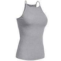 Women's Active High Neck Simple Casual Daily Spaghetti Strap Ribbed Camisole Tank Top (S-3XL)