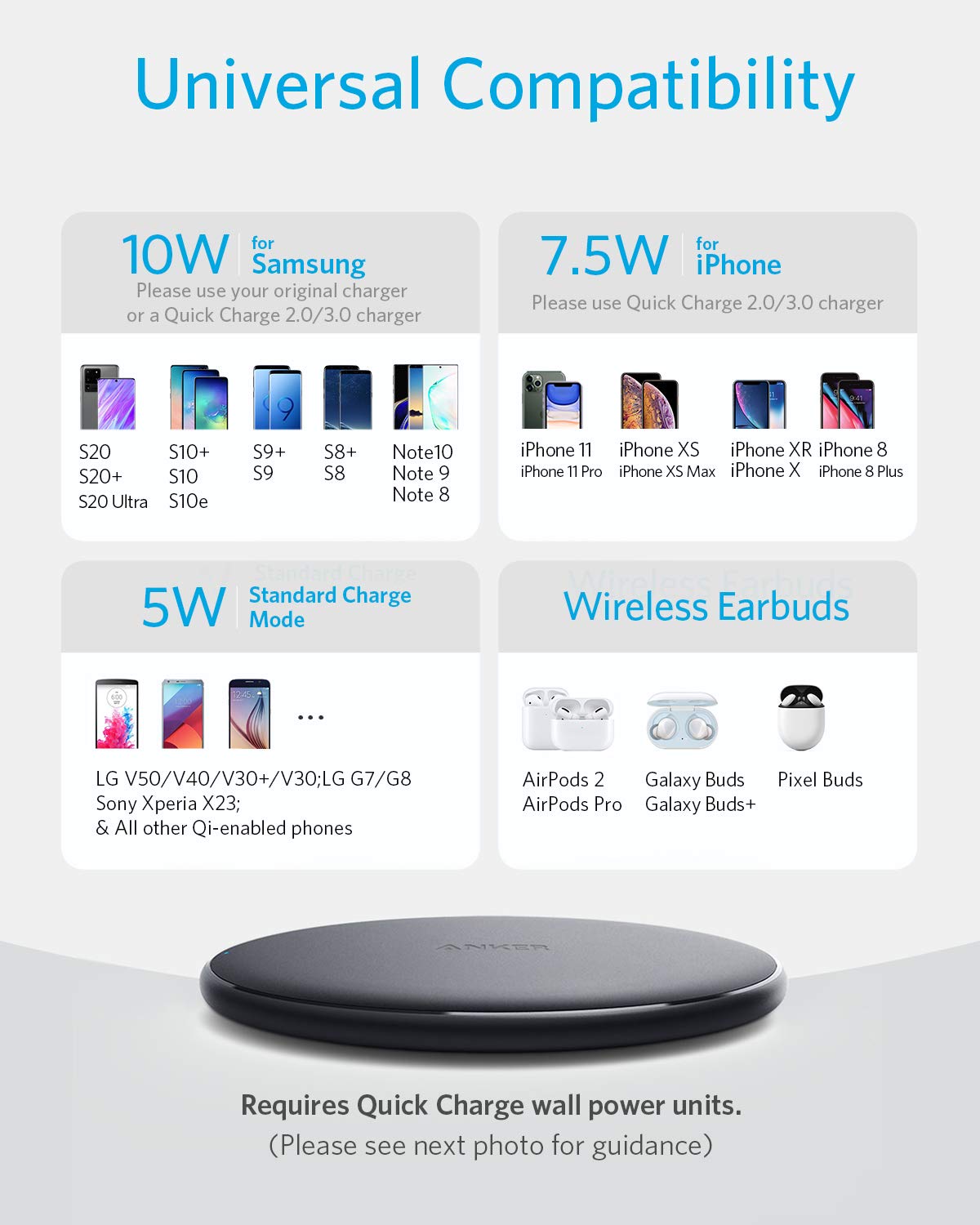 Anker Wireless Charger, 313 Wireless Charger (Pad), Qi-Certified 10W Max for iPhone 14/14 Pro/14 Pro Max/13/13 Pro Max, AirPods (No AC Adapter, Not Compatible with MagSafe Magnetic Charging)