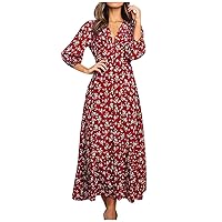 Autumn Balloon Sleeve Homewear Tunic Dress for Womens Maxi Elegant Comfort Cool Ladies Frilly V Neck Polyester Red M
