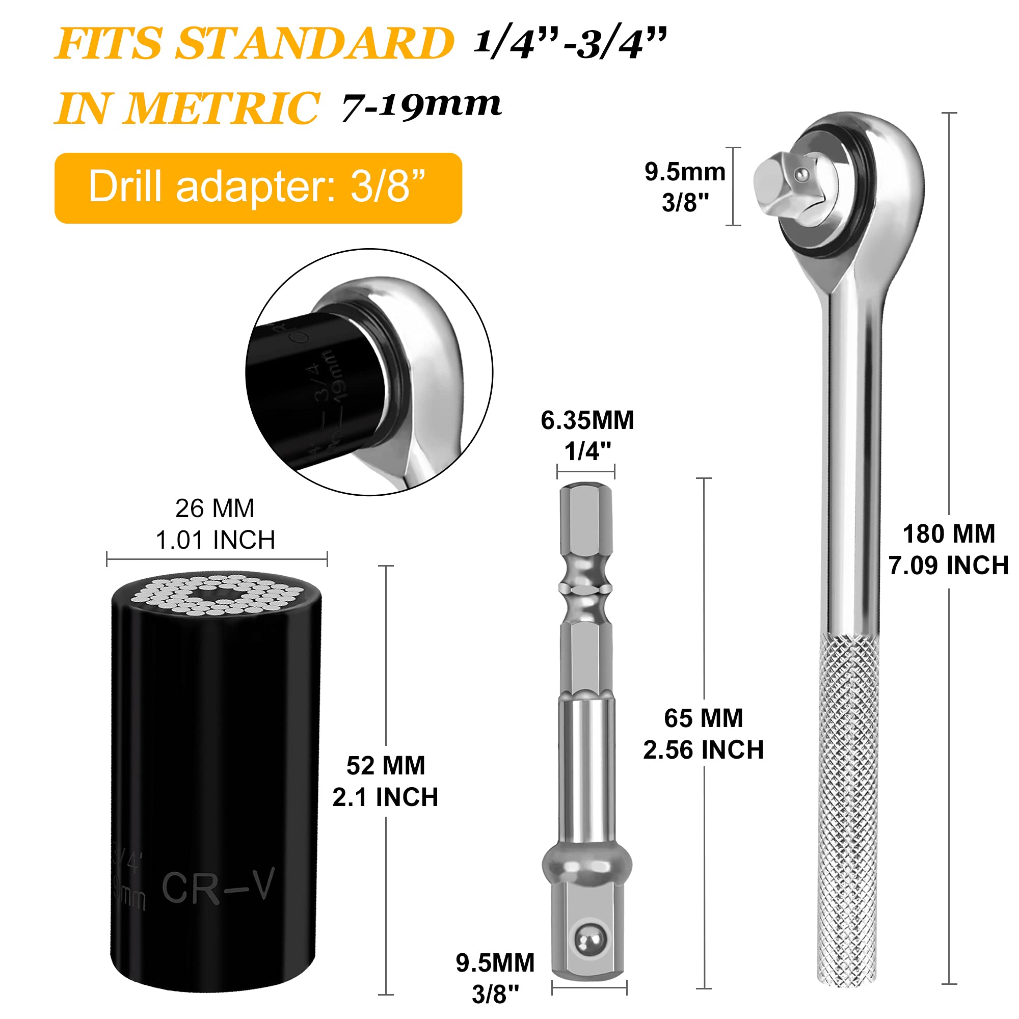 Gifts for Men Him Boyfriend Husband, Universal Socket Wrench Grip Socket Tool Sets Fits Standard 1/4'' - 3/4'' Metric 7mm-19mm with Power Drill Adapter(black)
