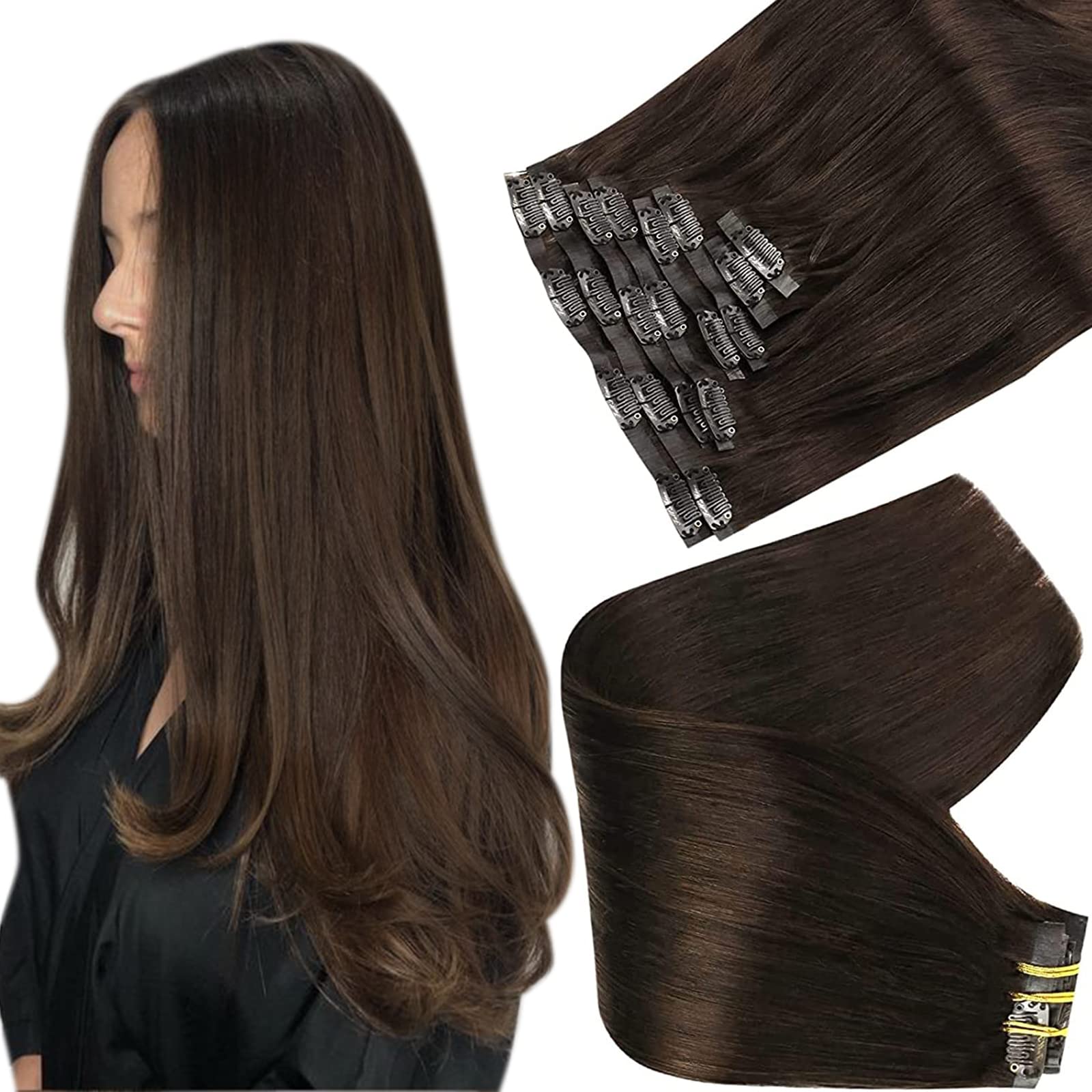 Mua Full Shine Clip in Human Hair, 16 Inch Seamless Clip in Hair Extensions  Dark Brown Clip in Real Hair With PU Weft 8 Pieces 120g Invisible Clip in  Extensions trên Amazon