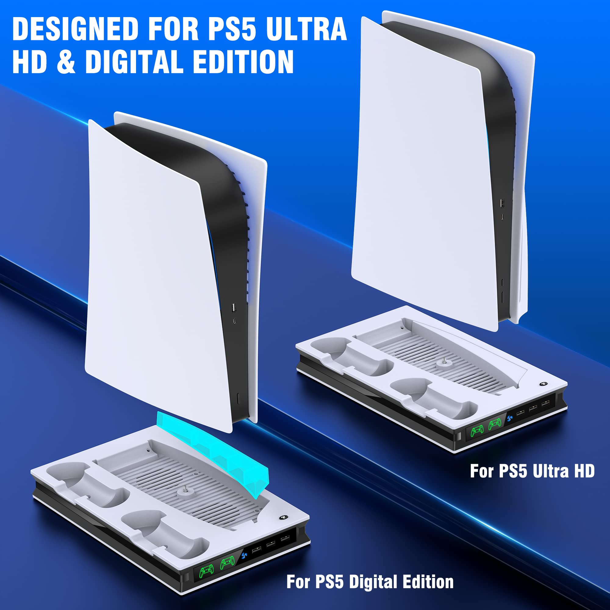 PS5 Stand with 2 Cooling Fan, Dual Fast PS5 Controller Charging Station with 3 Extra USB Ports, PS5 Cooling Station PS5 Accessories Vertical Stand for Sony Playstation 5 Dualsense/Digital/Disc Edition