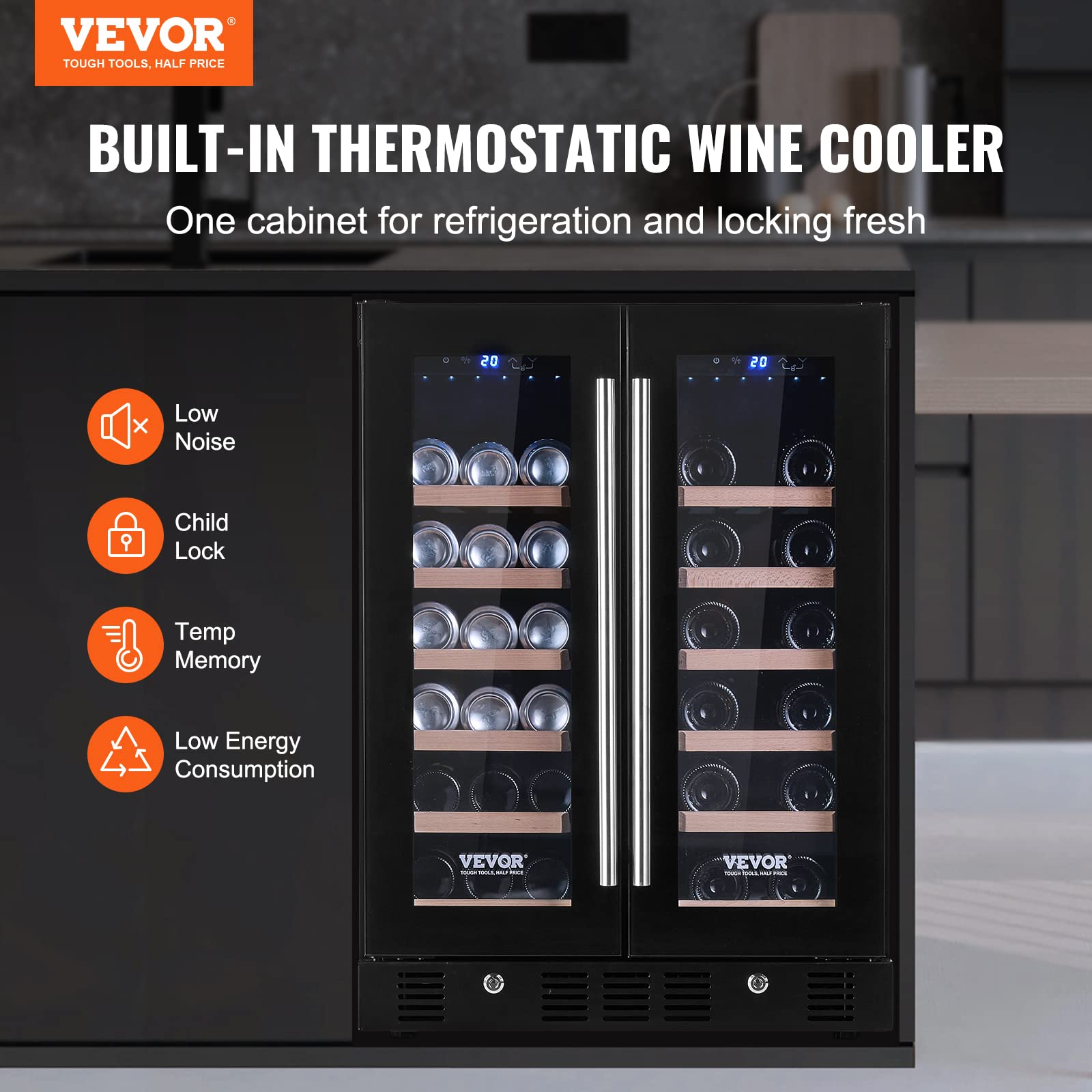 VEVOR 78 Cans and 20 Bottles Dual Zone Wine Refrigerator 24” Beverage Cooler with Digital Temperature Control, Tempered Glass Door, Child Lock, Low Noise, Freestanding or Built-in, ETL, Black