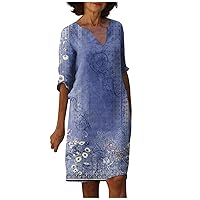 T-Shirt Dresses for Women 2024 Vintage Floral Print V Neck Half Sleeve Casual Midi Dress Knee Length Soft Sundress