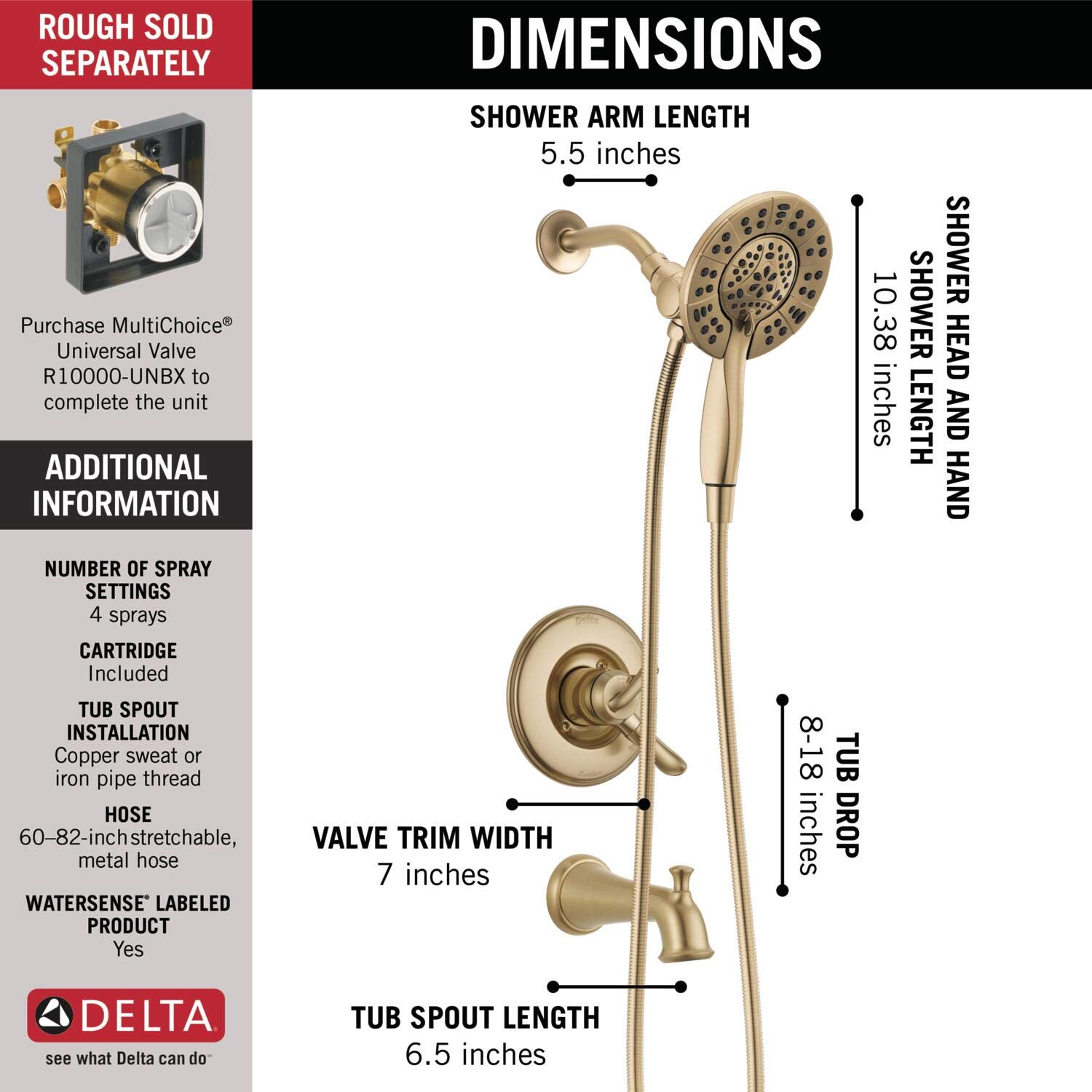 Delta Faucet Linden 17 Series Dual-Function Tub and Shower Trim Kit, Shower Faucet with 4-Spray In2ition 2-in-1 Dual Hand Held Shower Head with Hose, Champagne Bronze T17494-CZ-I (Valve Not Included)