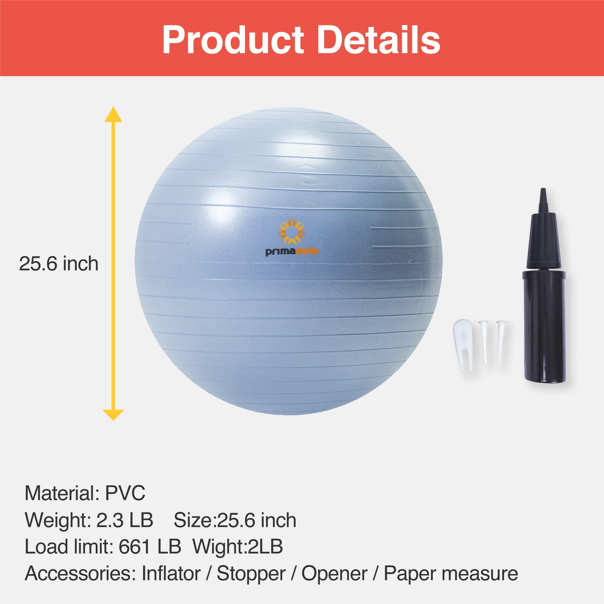 Primasole Exercise Ball for Balance Stability Fitness Workout Yoga Pilates at Home Office & Gym with Inflator Pump