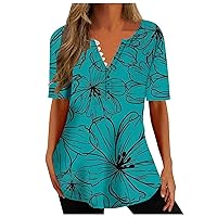 Womens Henley Short Sleeve T Shirts V-Neck Tunic Tops Casual Loose T-Shirts Button Up Blouses Floral Print Basic Tees