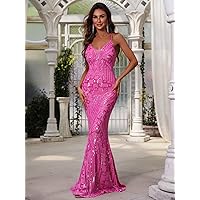 Dress Mermaid Hem Sequin Formal Dress (Color : Hot Pink, Size : Medium)