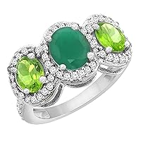 PIERA 14K White Gold Natural Quality Emerald & Peridot 3-stone Mothers Ring Oval Diamond Accent, size 5-10