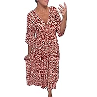 Casual Print V-Neck Long Dress Plus Size Summer V Neck Boho Floral Dress Short Sleeve Beach Long Dress for Women