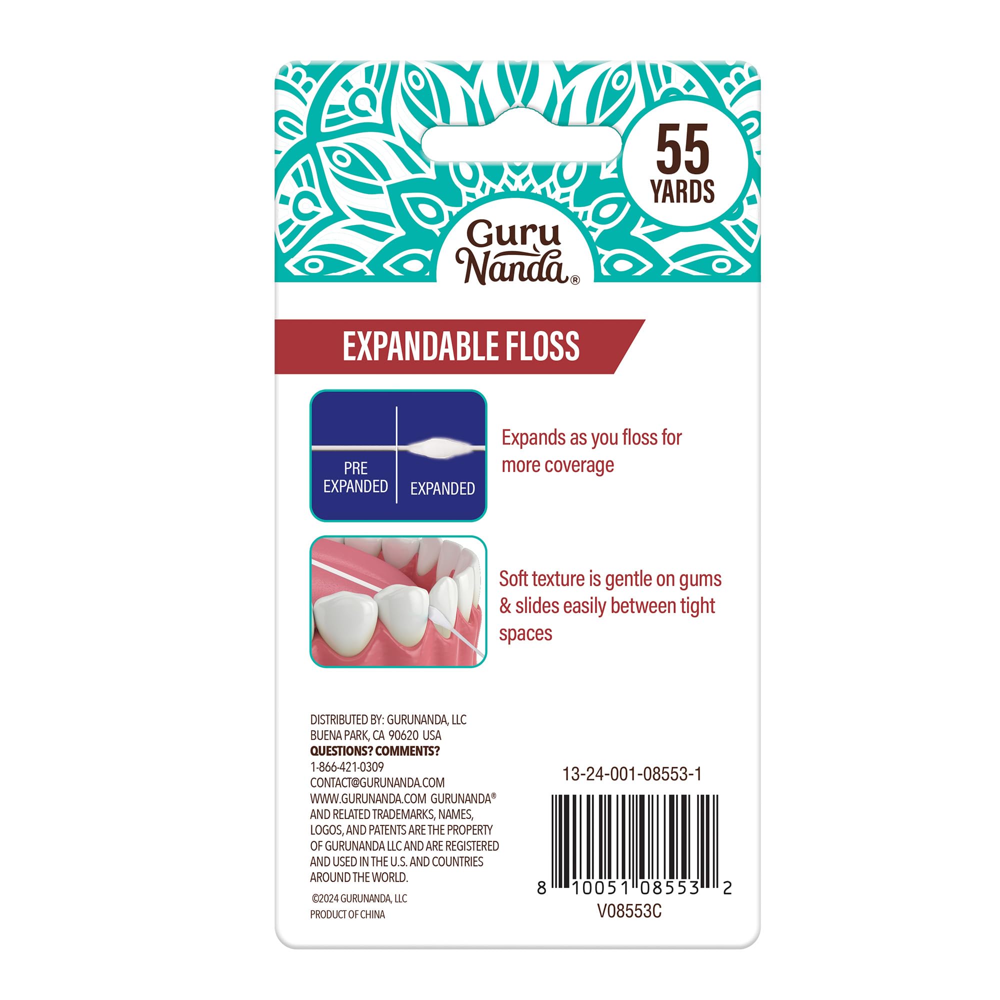 GuruNanda Expandable Waxed Dental Floss for Gentle, Deep Cleaning Wide Teeth Flossing - Cinnamon Flavor - 55 Yards