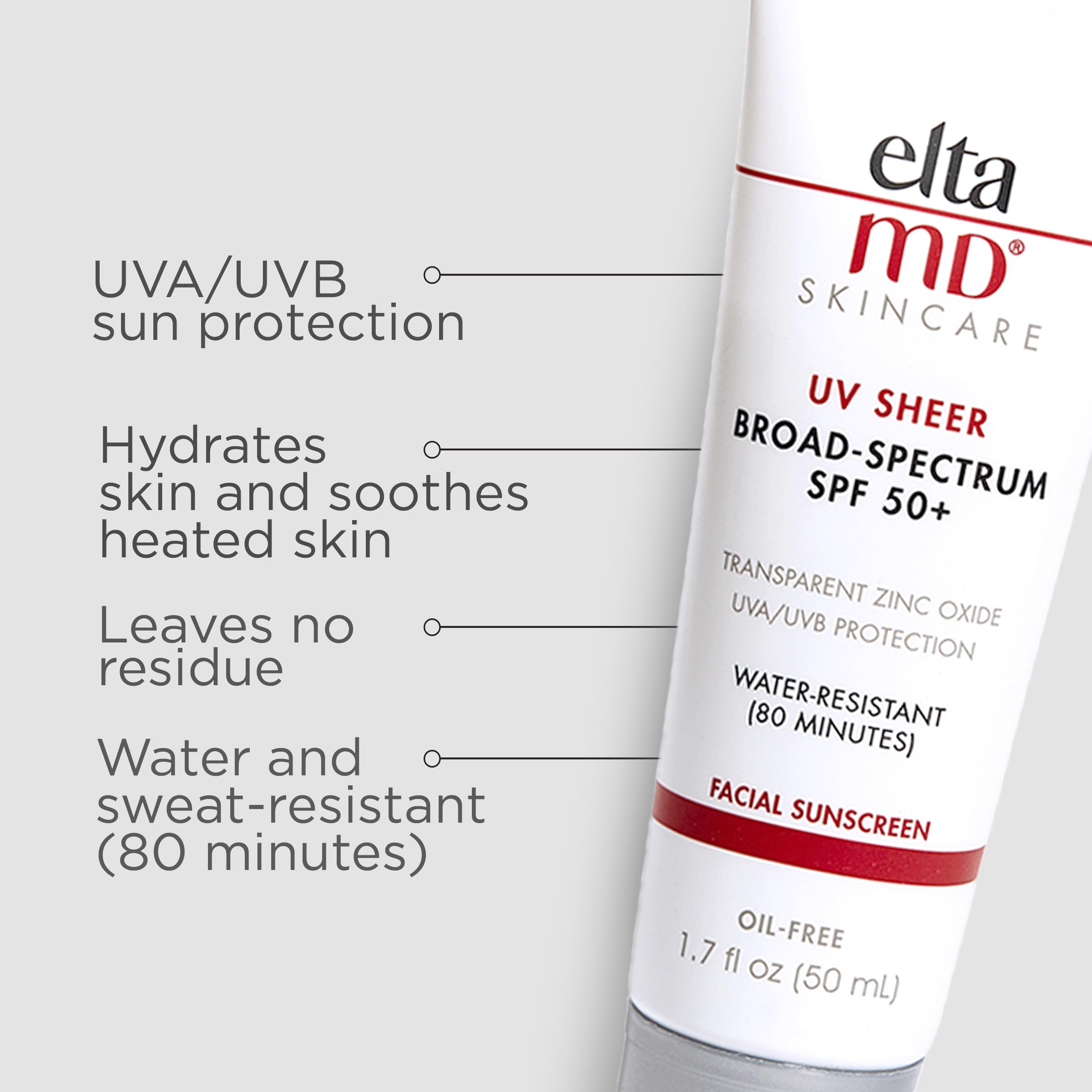 EltaMD UV Sheer Face Sunscreen, SPF 50+ Hydrating Sunscreen for Face, Helps Even Skin Tones and Soothes Skin, Water Resistant up to 80 Minutes, No White Cast