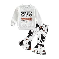Toddler Baby Girl Bell Bottom Outfit Cow Print Western Clothes Long Sleeve Crewneck Sweatshirt Flare Pant 2Pcs Fall Set