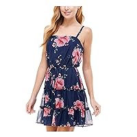 Womens Navy Tie Sheer Lined Floral Spaghetti Strap Square Neck Mini Fit + Flare Dress Juniors L