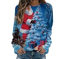 Women's Womans Tops For Fall 23 Casual Fashion Christmas Print Long Sleeve O-Neck Pullover Top Sweatshirt, S-2XL