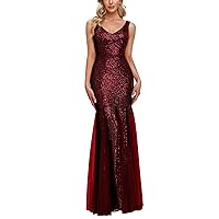 Women's Sexy V-Neck Sleeveless Shinning Sequins Tulle Evening Mermaid Bridesmaid Cocktail Prom Dress
