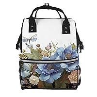 Diaper Bag Backpack Blue flowers and dragonfly Maternity Baby Nappy Bag Casual Travel Backpack Hiking Outdoor Pack
