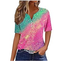 Womens Summer Tops Short Sleeve V Neck Pullover Blouses Fashion Dressy Casual Blouses Tees Tie-dye Printed T Shirts