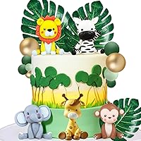 20 PCS Jungle Safari Animal Cake Topper with Lion Giraffe Monkey Elephant Zebra Colourful Balls Leaves Cake Decoration for Baby Shower Safari Birthday Party Supplies