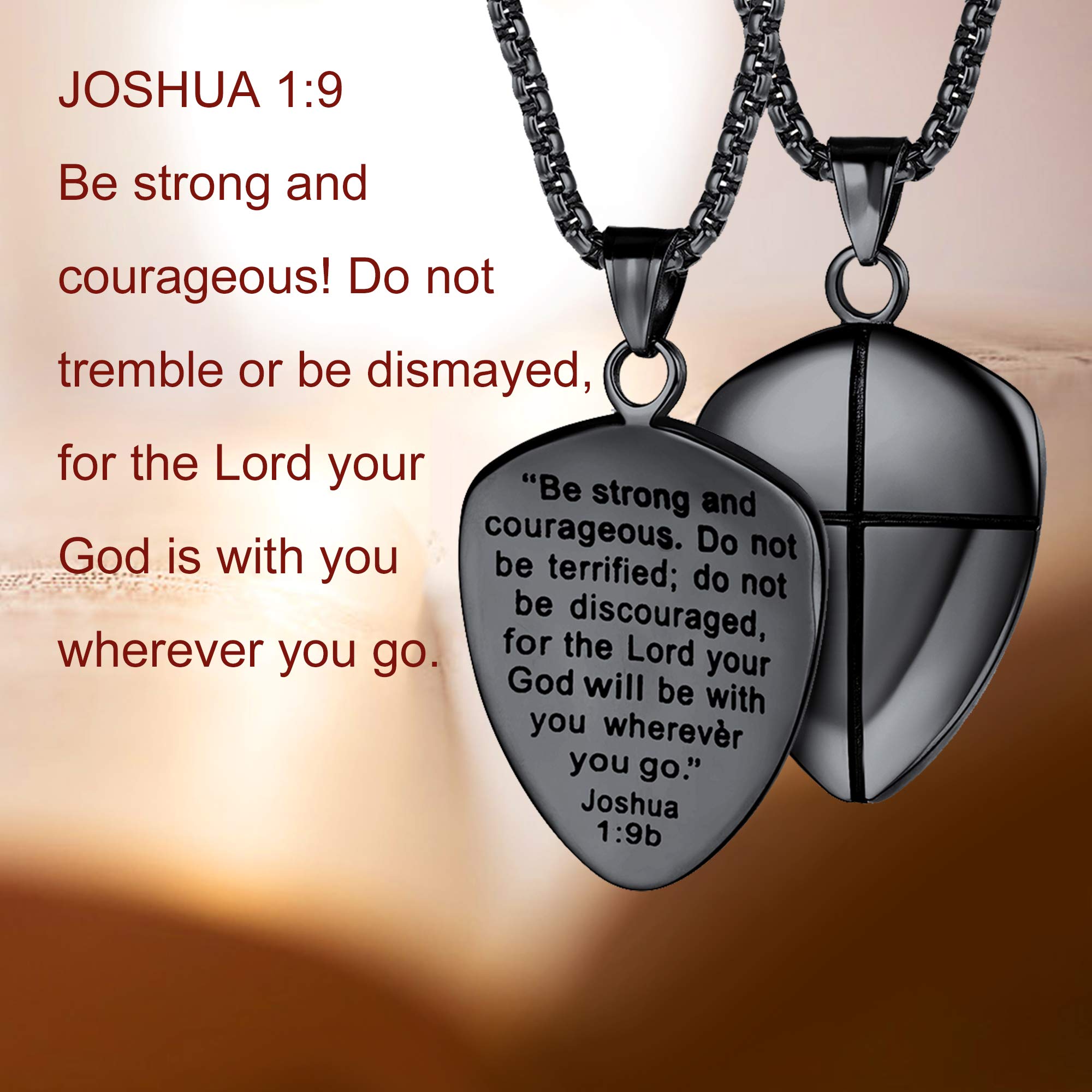 FaithHeart Joshua 1:9 Shield of Faith Ephesians 6:16-17/Ephesians 6:10/Isaiah 54:17 Pendant Necklace Stainless Steel Cross Amulet Jewelry for Men Women