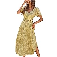 Women's V-Neck Floral Long Dress Summer Print Swing Maxi Dress with Belt