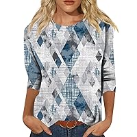 Summer Clothes Women's 3/4 Sleeve Shirts Crewneck Cute Shirts Casual Trendy Print Blouses Three Quarter Length Blouses X-Large Blue
