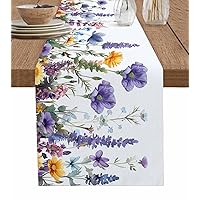 Watercolor Wild Flowers Table Runner 48 Inches Long for Dining Table, Cotton Linen Farmhouse Table Runner Washable Coffee Table Runners Dresser Scarf for Kitchen Party Seasonal Summer Daisy Lavender