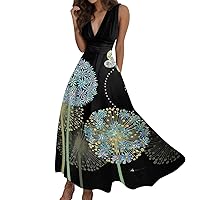 LIXIAO Women Summer Casual Dresses Sleeveless Sun Dress Split Hem Baggy Kaftan Long Dress Print Cotton Linen Dress Maxi