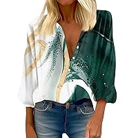 Women's 3/4 Sleeve Shirt V Neck Button Down Loose Fit Shirts 2024 Trendy Floral Printed Relaxed Fit Tunics Blouses