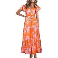 Women's Bohemian Beach V-Neck Trendy Dress Foral Print Hawai Casual Summer Swing Sleeveless Long Floor Maxi Flowy Gold